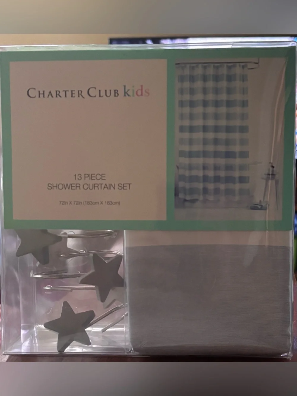 NWT Charter Club Kids 13 Pc Blue Stripe Shower Curtain Set Light Blue Stars